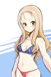 Rule 34 | 1girl, bikini, blonde hair, blush, breasts, cowboy shot, drill hair, girls und panzer, green eyes, groin, highres, long hair, looking at viewer, marie (girls und panzer), nasunael, navel, one-hour drawing challenge, selfie, sketch, skindentation, small breasts, smile, solo, striped bikini, striped clothes, swimsuit