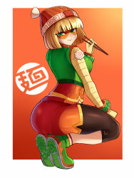 Rule 34 | 1girl, arms (game), ass, beanie, bent over, black pantyhose, blonde hair, blunt bangs, bob cut, breasts, capri pants, chinese, chinese clothes, chopsticks, crop top, domino mask, edboy, from behind, gloves, green eyes, green shirt, hat, highres, knit hat, large breasts, layered clothes, legs, looking at viewer, looking back, mask, min min (arms), multicolored clothes, multicolored hat, nintendo, orange background, orange hat, orange shorts, panties under shorts, pants, pantyhose, pantylines, print headwear, profile, ringed eyes, shirt, shoe soles, shoes, short hair, shorts, sideboob, simple background, smile, sneakers, solo, squatting, standing, white background
