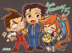 Rule 34 | 1girl, 2boys, ace attorney, antenna hair, apollo justice, arms behind back, athena cykes, black hair, blue jacket, blue necktie, blue pants, bracelet, brown eyes, brown footwear, brown hair, chibi, closed eyes, collared shirt, crescent, crescent earrings, earrings, formal, gloves, hair ribbon, jacket, jewelry, long hair, long sleeves, looking at another, multiple boys, necktie, nono (norabi), open mouth, orange hair, pants, phoenix wright, phoenix wright: ace attorney - dual destinies, ponytail, red necktie, ribbon, shirt, short hair, side ponytail, single earring, single glove, skirt, smile, spiked hair, standing, suit, teeth, vest, white shirt, yellow jacket, yellow skirt