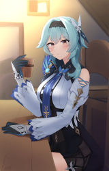 Rule 34 | 1girl, absurdres, blue hair, blue neckwear, blush, breasts, chair, cup, eula (genshin impact), genshin impact, gihachii, gloves, hairband, highres, holding, holding cup, long sleeves, looking at viewer, necktie, sitting, table, thighs, vambraces