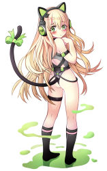 Rule 34 | 1girl, animal ears, artist request, ass, bare shoulders, blonde hair, blush, cat ears, cat tail, from behind, girls&#039; frontline, green eyes, headphones, highres, leotard, long hair, looking at viewer, looking back, shiny skin, solo, tail, tears, thigh strap, thong leotard, tmp (girls&#039; frontline), very long hair