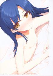Rule 34 | 1girl, absurdres, asterisk (asterism), bed sheet, blue hair, breasts, brown eyes, closed mouth, collarbone, highres, idolmaster, idolmaster (classic), kisaragi chihaya, long hair, looking at viewer, lying, nipples, nude, on stomach, page number, scan, small breasts, smile, solo