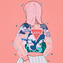 Rule 34 | 1girl, artist name, bad id, bad instagram id, cloud, cloud print, facing away, from behind, long hair, long sleeves, meyoco, original, pink background, pink hair, pleated skirt, see-through, shoulder blades, simple background, skirt, solo, sparkle, tank top, triangle, wave print, waves, white skirt