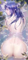 Rule 34 | 1girl, all fours, artist name, ass, blurry, blurry background, chowbie, closed mouth, completely nude, elf, from behind, highres, in water, long hair, looking at viewer, looking back, nude, original, pale skin, pointy ears, purple eyes, purple hair, sidelocks, signature, solo, tree, water, wet, wet hair
