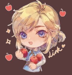 Rule 34 | 1boy, antenna hair, apple, belt, belt buckle, blonde hair, blue eyes, blue sleeves, blue tunic, brown background, brown belt, buckle, character name, chibi, commentary, earrings, english commentary, eyelashes, food, fruit, heart, highres, holding, holding food, holding fruit, hoop earrings, jewelry, layered sleeves, link, long sleeves, male focus, multiple belts, nintendo, one side up, open mouth, outline, pointy ears, short hair, short over long sleeves, short sleeves, simple background, single strap, smile, solo, sparkle, sparkling eyes, the legend of zelda, the legend of zelda: breath of the wild, thick eyebrows, upper body, white outline, white sleeves, yanmian (printemps-noir)
