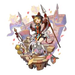 Rule 34 | 1girl, 2others, 3boys, armored boots, blonde hair, boots, brown hair, castle, cheering, confetti, dragalia lost, emma (dragalia lost), fang, flag, full body, gauntlets, gloves, holding, holding spear, holding weapon, looking at viewer, medieval, multiple boys, multiple others, non-web source, official art, open mouth, polearm, saitou naoki, smile, spear, transparent background, weapon