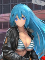 Rule 34 | 1girl, bikini, black jacket, blue eyes, blue hair, breasts, cleavage, close-up, clothes writing, emori miku, hair ornament, halterneck, highres, jacket, large breasts, liver city, long hair, long sleeves, looking at viewer, nihoshi (bipedal s), open clothes, open jacket, outdoors, sign, smile, solo, string bikini, striped bikini, striped clothes, swimsuit
