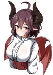 Rule 34 | 1girl, absurdres, ahoge, blush, breasts, brown eyes, brown hair, brown wings, center frills, closed mouth, cropped torso, dragon girl, dragon horns, dragon wings, frills, grea (shingeki no bahamut), hair between eyes, highres, horns, long sleeves, looking at viewer, manaria friends, medium breasts, moyoron, pointy ears, shingeki no bahamut, shirt, simple background, solo, upper body, white background, white shirt, wings