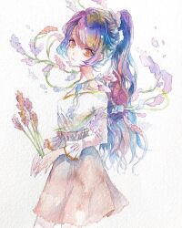 Rule 34 | 1girl, bad source, breasts, brown skirt, closed mouth, flower, highres, holding, holding flower, long hair, long sleeves, looking at viewer, multicolored hair, orange eyes, original, painting (medium), photo (medium), ponytail, purple flower, shirt, sidelocks, skirt, small breasts, solo, srnmomo, standing, traditional media, watercolor (medium), white background, white shirt