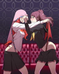Rule 34 | 2girls, absurdres, angry, ass, black skirt, brown hair, clothes pull, commission, couch, crossover, fighting, highres, hyperbudd, kirijou mitsuru, kujikawa rise, long hair, multiple girls, object on head, panties, panties on head, panty pull, persona, persona 3, persona 4, pink panties, red hair, red panties, skirt, underwear, wedgie