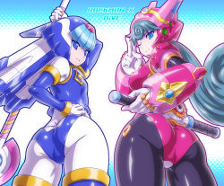 Rule 34 | 2girls, android, armor, ass, blue eyes, bodysuit, breasts, commentary request, copyright name, flat chest, from behind, gradient background, green hair, hand on own hip, helmet, highres, holding, joints, kuroshio (zung-man), fairy leviathan (mega man), long hair, looking at viewer, looking back, marino (mega man), medium breasts, mega man (series), mega man x: command mission, mega man x (series), mega man x dive, mega man zero (series), multiple girls, one eye closed, parted lips, polearm, robot, robot joints, shiny clothes, smile, weapon
