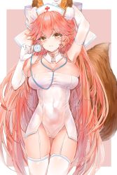 Rule 34 | 1girl, absurdres, animal ear fluff, animal ears, arm up, armpits, breasts, cleavage, commentary request, detached sleeves, dress, elbow gloves, fate (series), fox ears, fox girl, fox tail, gloves, gluteal fold, hat, highres, large breasts, long hair, nurse, nurse cap, pelvic curtain, pink background, pink hair, ribbon, short dress, solo, standing, stethoscope, tail, tamamo (fate), tamamo no mae (fate/extra), thighhighs, thighs, very long hair, white ribbon, white thighhighs, yellow eyes, yukineko1018