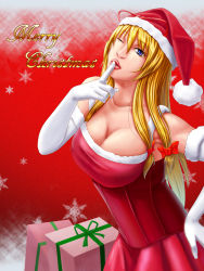 Rule 34 | 1girl, 7/11 (fukuso), ;), bad anatomy, bare shoulders, blonde hair, blue eyes, bobblehat, box, breasts, cleavage, closed mouth, collarbone, dress, elbow gloves, finger to mouth, gift, gift box, gloves, green ribbon, hair ornament, hair ribbon, hand on own hip, hat, index finger raised, large breasts, long hair, looking at viewer, mature female, one eye closed, red dress, red hat, ribbon, santa costume, santa hat, shushing, sleeveless, sleeveless dress, smile, snowflake background, solo, touhou, white gloves, yakumo yukari