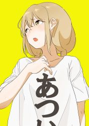 Rule 34 | 1girl, absurdres, blush, bouen, brown eyes, brown hair, clothes writing, futaba anzu, highres, idolmaster, idolmaster cinderella girls, long hair, looking to the side, low twintails, open mouth, shirt, short sleeves, simple background, solo, t-shirt, teeth, twintails, white shirt, yellow background