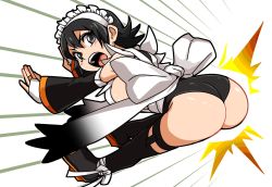 Rule 34 | 1girl, apron, ass, ass focus, black eyes, black hair, black leotard, black thighhighs, blue scarab, blush, breasts, eyebrows, flying, hair between eyes, hip attack, huge ass, iroha (samurai spirits), japanese clothes, jumping, large breasts, leotard, looking at viewer, maid, maid headdress, open mouth, parody, samurai spirits, sandals, sideboob, solo, street fighter, teeth, thighhighs, thighs, tongue, upper teeth only, white apron, white background
