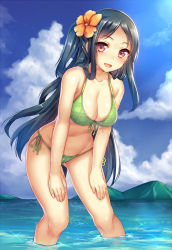 Rule 34 | 1girl, bad id, bad pixiv id, bikini, black hair, breasts, character request, cleavage, cloud, copyright request, day, flower, front-tie top, green bikini, groin, hair flower, hair ornament, hands on thighs, large breasts, leaning forward, long hair, looking at viewer, mokyu (kukoudesu), navel, open mouth, outdoors, plaid, plaid bikini, red eyes, shiny skin, side-tie bikini bottom, skindentation, sky, smile, solo, swimsuit, wading, water