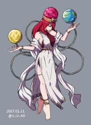 Rule 34 | 1girl, ancient greek clothes, anklet, bare shoulders, barefoot, breasts, chain, earth (ornament), full body, greco-roman clothes, hecatia lapislazuli, jewelry, medium breasts, medium hair, moon (ornament), peplos, red eyes, red hair, shishi osamu, solo, touhou, underworld (ornament)