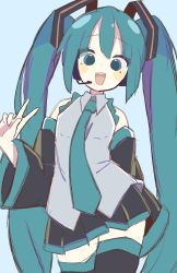 Rule 34 | 1girl, absurdres, black skirt, blue background, blue hair, blush, collared shirt, detached sleeves, grey shirt, hatsune miku, headset, highres, leaning to the side, long hair, looking at viewer, multicolored hair, n40a1, purple hair, shirt, skirt, smile, solo, streaked hair, twintails, v, very long hair, vocaloid