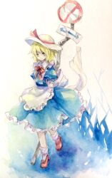 Rule 34 | 1girl, apron, blonde hair, blue dress, closed mouth, collared shirt, commentary request, dress, elbow gloves, frilled apron, frilled dress, frilled gloves, frills, gloves, hat, hat ribbon, kaigen 1025, kana anaberal, medium hair, neck ribbon, painting (medium), pinafore dress, puffy short sleeves, puffy sleeves, red footwear, red ribbon, ribbon, road sign, shirt, short sleeves, sign, sleeveless, sleeveless dress, socks, solo, touhou, touhou (pc-98), traditional media, waist apron, watercolor (medium), white apron, white gloves, white hat, white shirt, white socks, yellow eyes