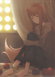 Rule 34 | 00s, 1girl, absurdres, animal ears, anklet, apple, ayakura juu, barefoot, brown hair, capri pants, food, fruit, highres, holo, jewelry, pants, red eyes, solo, spice and wolf, tail, wolf ears, wolf tail
