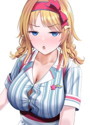 Rule 34 | 1girl, ahoge, blonde hair, blue eyes, braid, breasts, chestnut mouth, cleavage, collarbone, commentary request, disdain, hachimiya meguru, hair ribbon, highres, idolmaster, idolmaster shiny colors, large breasts, looking at viewer, low twintails, no bra, open mouth, ribbon, shirt, short sleeves, solo, striped clothes, striped shirt, sweat, taut clothes, taut shirt, turisasu, twin braids, twintails, vertical-striped clothes, vertical-striped shirt, white background