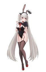 Rule 34 | 1girl, absurdres, alternate costume, animal ears, arm behind back, artist name, azur lane, belt, between breasts, black bow, black leotard, black shirt, black thighhighs, blunt bangs, blush, bow, breasts, choker, clothes lift, covered navel, dated, fake animal ears, formidable (azur lane), garter straps, grey hair, groin, hair bow, hairband, hand up, high heels, highres, leotard, leotard under clothes, lifting own clothes, long hair, looking at viewer, mungersky, necktie, necktie between breasts, no pants, rabbit ears, red choker, red eyes, red footwear, red necktie, ribbon, sailor collar, shirt, shirt lift, short sleeves, side-tie leotard, sidelocks, solo, standing, standing on one leg, stiletto heels, strapless, strapless leotard, thighhighs, thighs, twintails, very long hair, wrist cuffs