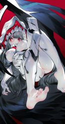 Rule 34 | absurdres, ass, barefoot, breasts, character request, closed mouth, covered erect nipples, grandia lee, grey hair, headgear, highres, looking at viewer, lying, nail polish, neon genesis evangelion, on back, personification, plugsuit, red background, red eyes, red nails, simple background, soles, solo, teeth, toenail polish, toenails, toes, wings