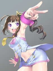 Rule 34 | 10s, 1girl, :d, ahoge, armpits, blush, brown hair, cowboy shot, detached collar, drill hair, foreshortening, fujimon, grey background, idolmaster, idolmaster million live!, leaning to the side, long hair, million dreams (idolmaster), navel, necktie, open mouth, outstretched arm, purple eyes, side ponytail, simple background, smile, solo, sweat, teeth, upper teeth only, v, yokoyama nao