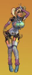 Rule 34 | aegis (persona), android, body writing, breasts, cleavage, colorized, cutesexyrobutts, gyaru, highres, large breasts, persona, persona 3, shin megami tensei, standing, text focus, twintails, v