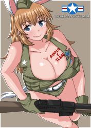 Rule 34 | 1girl, :q, bare shoulders, blue eyes, breasts, brown background, brown hair, browning automatic rifle, charlotte e. yeager, cleavage, gun, highres, huge breasts, komusou (jinrikisha), long hair, simple background, solo, strike witches, tongue, tongue out, weapon, world witches series