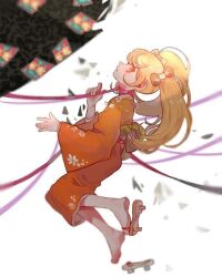 Rule 34 | 1girl, back bow, blonde hair, bow, cat hair ornament, commentary, danganronpa (series), danganronpa 2: goodbye despair, debris, english commentary, floral print, from side, full body, geta, gom dd2, green bow, hair bow, hair ornament, japanese clothes, kimono, long hair, long sleeves, looking at viewer, neck ribbon, obi, orange eyes, orange kimono, orange sleeves, parted lips, pink ribbon, ribbon, saionji hiyoko, sash, shoe loss, simple background, single barefoot, solo, strangling, third-party source, toes, twintails, white background, wide sleeves, yellow footwear, yukata