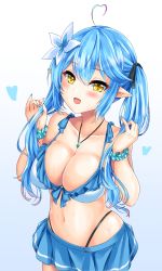 Rule 34 | 1girl, ahoge, bare shoulders, bikini, blue background, blush, breasts, cleavage, collarbone, commentary request, flower, frilled bikini, frills, gradient background, hair between eyes, hair flower, hair ornament, hands up, heart, highleg, highres, hololive, large breasts, long hair, miyuki rei, navel, pointy ears, sidelocks, solo, standing, swimsuit, twintails, very long hair, virtual youtuber, wet, white background, white bikini, white flower, wrist cuffs, yellow eyes, yukihana lamy