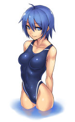 Rule 34 | 1girl, arms behind back, blue eyes, blue hair, breasts, competition swimsuit, covered navel, highleg, highleg swimsuit, highres, katagiri (a1466502), looking at viewer, matching hair/eyes, one-piece swimsuit, original, short hair, simple background, smile, solo, standing, swimsuit
