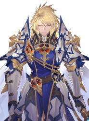 Rule 34 | 1boy, aglovale (granblue fantasy), armor, belt, blonde hair, brown belt, gauntlets, gem, granblue fantasy, hair between eyes, highres, holding, holding weapon, male focus, medium hair, parted lips, pauldrons, red eyes, rokuji, shoulder armor, simple background, smile, solo, standing, thigh strap, turtleneck, vambraces, weapon, white background