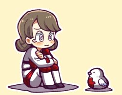 Rule 34 | 1girl, @ @, arms on knees, bird, brown hair, closed mouth, commentary request, double bun, employee (project moon), eyebrows hidden by hair, hair bun, hatake shimeji, knee pads, lobotomy corporation, long sleeves, pants, project moon, punishing bird, shirt, simple background, sitting, teardrop, white pants, white shirt, yellow background