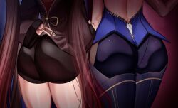 Rule 34 | 2girls, absurdres, ass, ass focus, backless outfit, black bodysuit, black hair, black nails, black shorts, bodysuit, brown hair, close-up, collared coat, from behind, genshin impact, highres, hu tao (genshin impact), karin (a62826704), long hair, multiple girls, paid reward available, shorts, thighs, twintails, v, yelan (genshin impact)