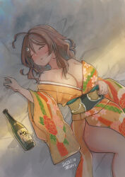 Rule 34 | 1girl, bottle, breasts, brown hair, chougei (kancolle), cleavage, commentary request, drunk, feet out of frame, floral print, hair ornament, hair rings, hairclip, highres, japanese clothes, kantai collection, kimono, kirisawa juuzou, large breasts, long hair, lying, off shoulder, on back, sake bottle, sleeping, solo, whale hair ornament, yellow kimono