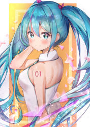 Rule 34 | 1girl, auui, blue hair, breasts, closed mouth, floating hair, from side, hair between eyes, hair ribbon, hand in own hair, hatsune miku, highres, long hair, looking at viewer, medium breasts, orange eyes, petals, red ribbon, ribbon, shirt, shoulder blades, sideboob, sleeveless, sleeveless shirt, smile, solo, twintails, upper body, very long hair, vocaloid, white shirt