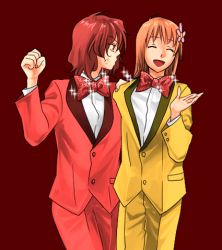 Rule 34 | 2girls, anger vein, bow, bowtie, closed eyes, crossdressing, flower, formal, hair ornament, hayate x blade, kiriya ouka, lowres, mori (unknown.), multiple girls, pant suit, pants, red background, red hair, short hair, simple background, smile, sparkle, suit, takarada riona, traditional bowtie