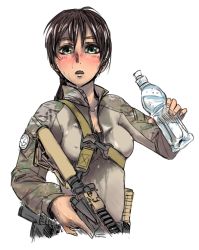 Rule 34 | 1girl, ammunition, assault rifle, blush, bottle, breasts, brown hair, camouflage, cleavage, didloaded, covered erect nipples, green eyes, gun, holding, holding gun, holding weapon, m4 carbine, medium breasts, military, military operator, military uniform, original, rifle, strap, sweat, trigger discipline, uniform, water, weapon