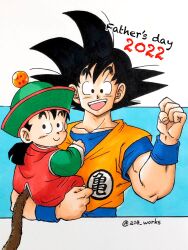 Rule 34 | 2022, 2boys, a24wks, alternate color, black eyes, black hair, carrying, child, chinese clothes, commentary, dougi, dragon ball, dragon ball (object), dragonball z, father&#039;s day, father and son, highres, male focus, marker (medium), monkey tail, multiple boys, open mouth, signature, smile, son gohan, son goku, tail, traditional media, wristband