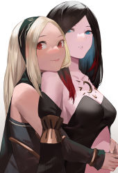 2girls, bare shoulders, black hair, blazpu, blonde hair, blue eyes, blush, breasts, cape, closed mouth, collarbone, crow (gravity daze), detached sleeves, dress, eyelashes, forehead, gravity daze, hairband, highres, hug, hug from behind, kitten (gravity daze), looking at viewer, medium breasts, multicolored hair, multiple girls, parted lips, red eyes, red hair, shiny, shiny hair, sideboob, sidelocks, simple background, smile, strapless, strapless dress, streaked hair, upper body, white background