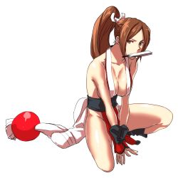 Rule 34 | 1girl, breasts, brown hair, fatal fury, female focus, full body, hand fan, iwamoto eiri, mouth hold, ponytail, shiranui mai, simple background, solo, white background