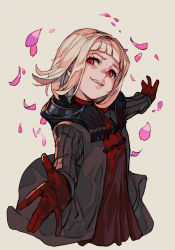 Rule 34 | 1girl, blonde hair, child, coat, drag-on dragoon, drag-on dragoon 1, dress, gloves, head tilt, hungry clicker, lips, long sleeves, manah, parted lips, petals, red eyes, red gloves, short hair, smile, solo