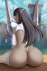 Rule 34 | 1girl, artist name, ass, back, black hair, blue eyes, blue sky, blurry, blurry background, closed mouth, cloud, commentary, commentary request, day, depth of field, fence, from behind, hair ornament, highres, junketsu, kill la kill, kiryuuin satsuki, long hair, looking at viewer, looking back, oroborus, outdoors, panties, revealing clothes, shrug (clothing), sitting, sky, solo, thighhighs, thong, underwear, white panties, white thighhighs, wooden fence