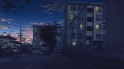 Rule 34 | apartment, building, car, cityscape, cloud, cloudy sky, dark, electricity, fence, houjou takasi, landscape, motor vehicle, night, no humans, outdoors, power lines, road, scenery, sky, tree