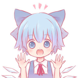 Rule 34 | 1girl, bad id, bad pixiv id, batta (ijigen debris), blue eyes, blue hair, bow, cirno, hair bow, ice, ice wings, matching hair/eyes, open hands, open mouth, short hair, solo, touhou, white background, wings