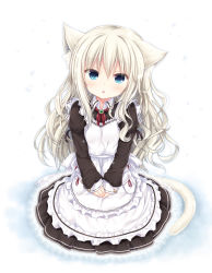 Rule 34 | 1girl, animal ear fluff, animal ears, apron, blue eyes, blush, bow, brown dress, cat ears, cat girl, cat tail, collared dress, commentary request, dress, fangs, fingernails, frilled apron, frills, full body, hair between eyes, head tilt, highres, juliet sleeves, lace, lace-trimmed dress, lace trim, light brown hair, long hair, long sleeves, looking at viewer, maid, maid apron, original, own hands together, parted lips, pocket, puffy sleeves, red bow, shizukawashi sumi, sidelocks, sleeves past wrists, solo, tail, very long hair, white apron, white background