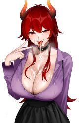 Rule 34 | 1girl, :p, breasts, choker, cleavage, cum, cum on body, cum on breasts, cum on upper body, dola (7th costume) (nijisanji), dola (nijisanji), fangs, highres, horns, jewelry, large breasts, necklace, nijisanji, purple nails, red eyes, red hair, senju (snz0), simple background, skirt, solo, sweat, tongue, tongue out, v, virtual youtuber, white background
