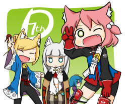 Rule 34 | 4girls, 7th dragon, 7th dragon (series), :o, ;d, animal ear fluff, animal ears, belt, belt buckle, bike shorts, black bodysuit, black shorts, black skirt, blonde hair, blue eyes, blue hair, blue jacket, bodysuit, brown skirt, buckle, cat ears, cloak, commentary request, crown, ears down, empty eyes, fighter (7th dragon), gloves, green background, grey hair, hair between eyes, hair bobbles, hair ornament, hand up, harukara (7th dragon), ikurakun (7th dragon), jacket, juliet sleeves, long hair, long sleeves, low twintails, mage (7th dragon), mini crown, momomeno (7th dragon), multiple girls, naga u, namuna (7th dragon), one eye closed, one side up, open clothes, open mouth, parted lips, pink hair, princess (7th dragon), puffy long sleeves, puffy sleeves, purple eyes, purple jacket, red gloves, samurai (7th dragon), shirt, short eyebrows, shorts, skirt, sleeves past wrists, smile, striped clothes, striped skirt, striped thighhighs, thick eyebrows, thighhighs, twintails, two-tone background, v, vertical-striped clothes, vertical-striped skirt, very long hair, white background, white belt, white shirt
